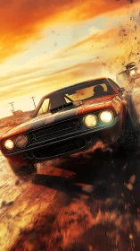 Muscle car powerslide through fiery sunset dirt track.