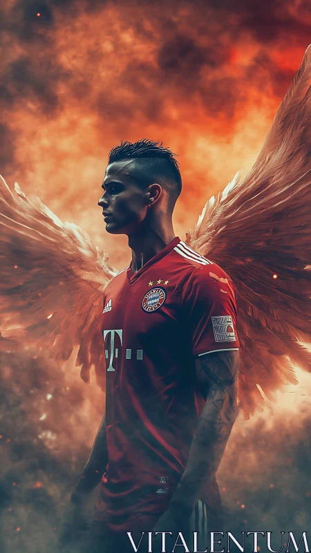 Winged footballer in red kit amid blazing smoke storm.