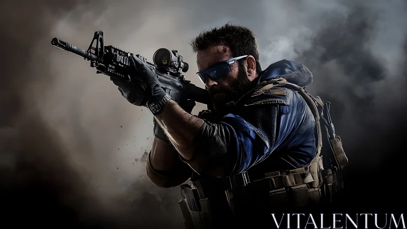 Tactical operator holds rifle in smoke filled combat setting