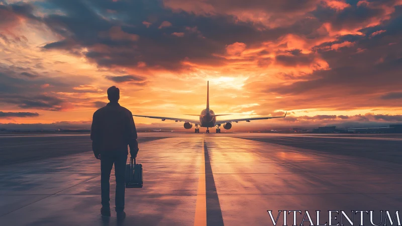 Silhouetted traveler facing jet on runway at vivid sunset.