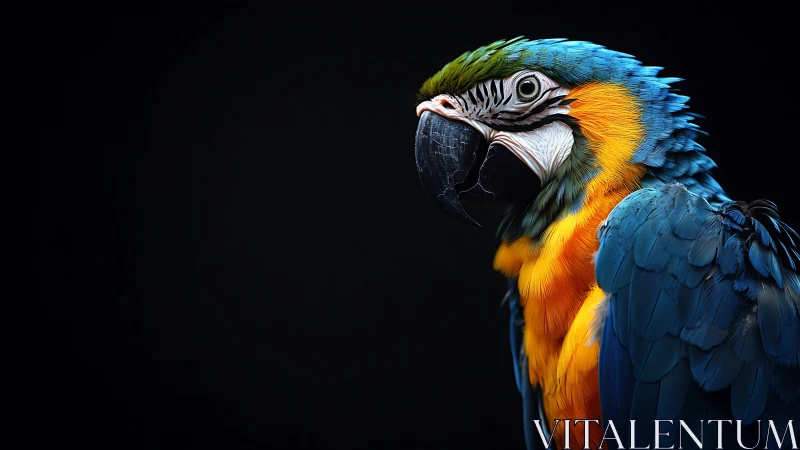 Vibrant Blue and Yellow Parrot Portrait on Dark Background.