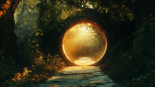 Sunlit circular stone portal set in dense green forest.