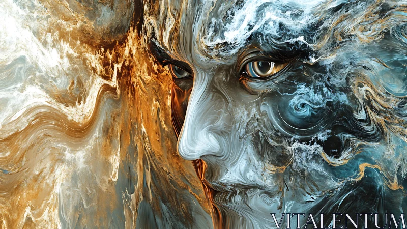 Liquid visage in turbulent gold and ice abstraction.