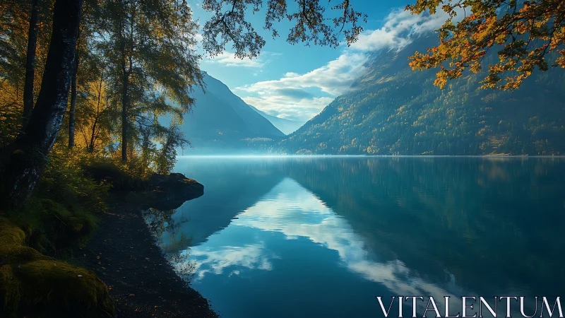 Lacustrine mountain basin with axial mirror-symmetry reflection.