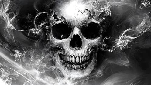 Smoking skull emerges from swirling monochrome vapors.