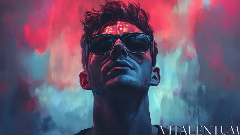 Stylized portrait of man in sunglasses with neon lighting.