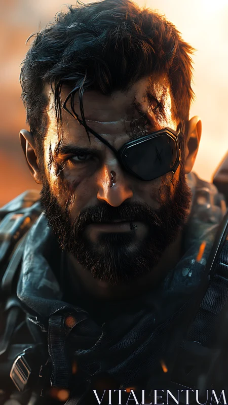 Battle-worn soldier with eyepatch in dramatic close-up portrait.