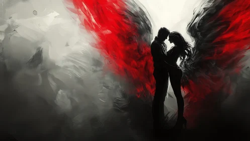 Silhouetted Lovers With Crimson Wings Embracing