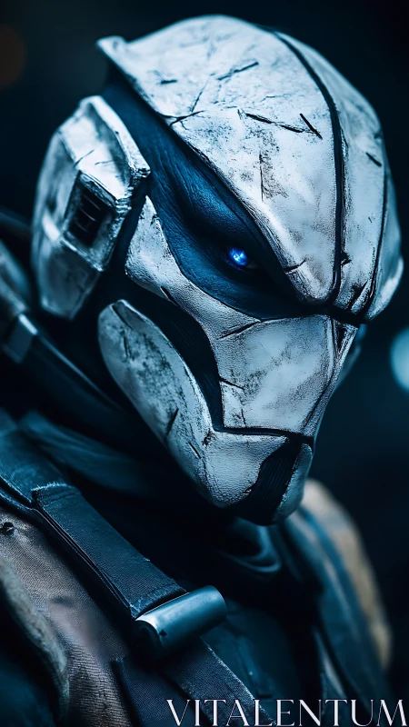 Weathered exo-ranger with icy visor and cobalt stare.