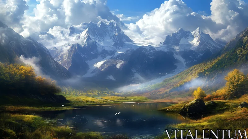 Sunlit mountain valley and calm reflective lakeside retreat.