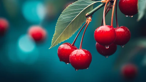 Dewy ruby cherries dangling in a teal morning hush.
