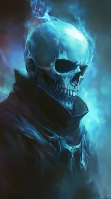 Flaming blue skull wreathed in spectral light stands alone.