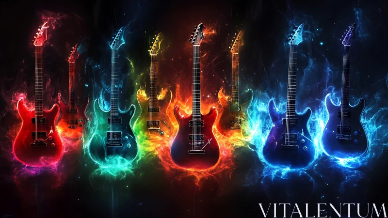 Neon sorcery lines up seven electric guitars in glowing fire