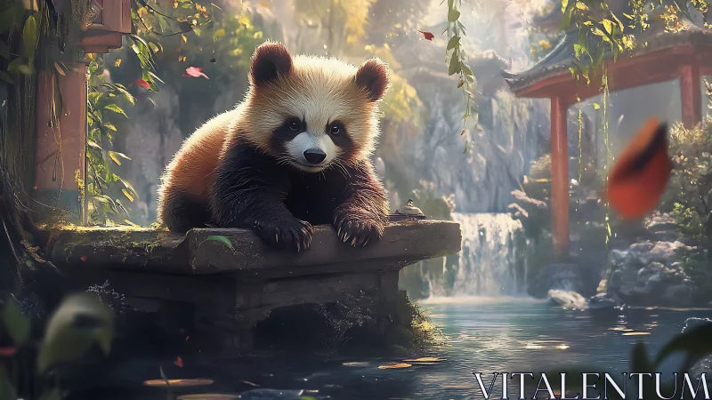 Gentle red panda relaxing by a sunlit forest pond.