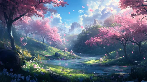 Spring valley river flows under glowing pink blossom canopy