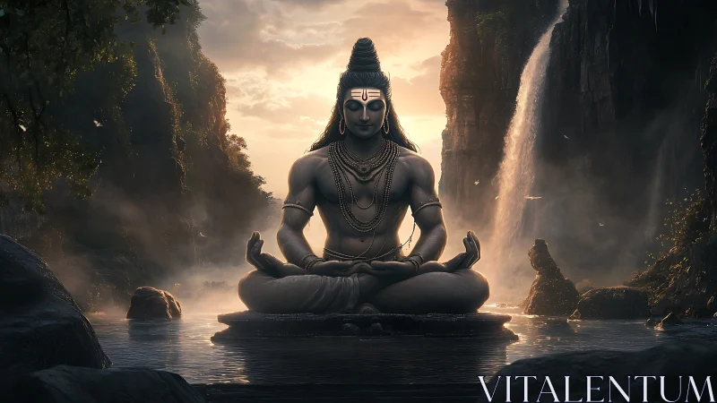 Divine Shiva meditation amid waterfalls in ethereal valley.