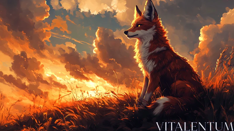 Luminous fox silhouette against blazing painterly sunset sky.