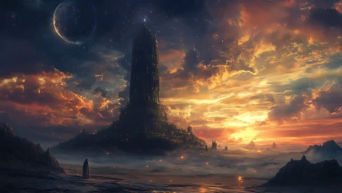 Vertical citadel dominates misted plain beneath luminous binary sky