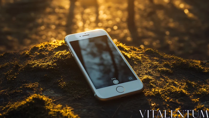 Smartphone on mossy stump in shallow-depth golden hour light.