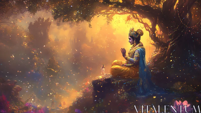 Golden forest meditation with serene divine figure at dusk.