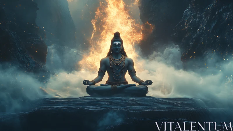 Meditating deity sits in blazing mist, uniting fire and calm