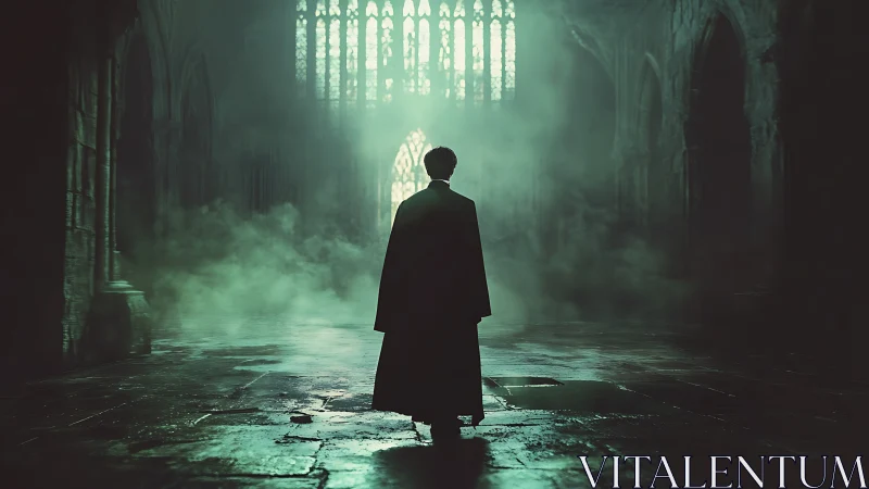 Lone figure crosses misted gothic hall toward emerald light.