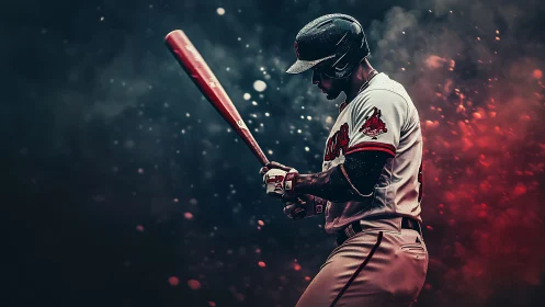 Baseball hitter poised in dramatic bokeh-lit smoke field.