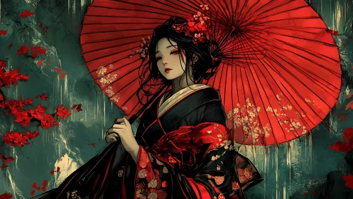 Crimson umbrella hushes the night around a quiet geisha