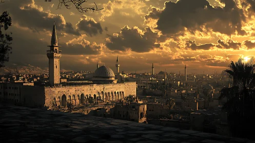 Historic mosque complex stands over dense city at sunset