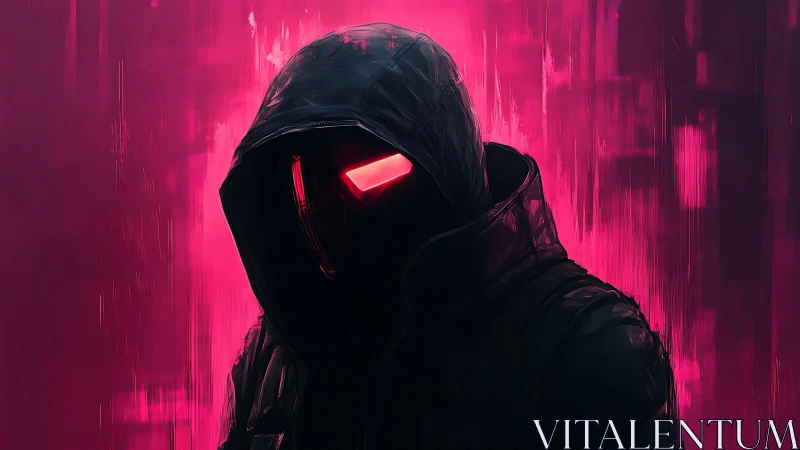 Cyberpunk hooded figure with neon magenta backlit silhouette.