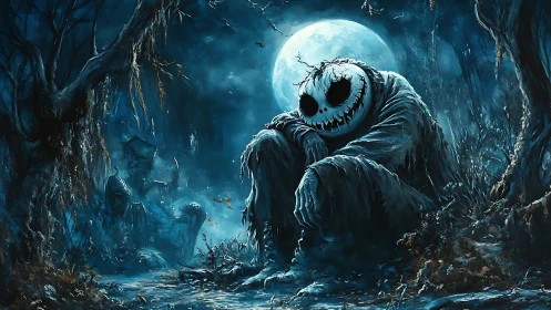Melancholic pumpkin monster broods beneath a chilling moon
