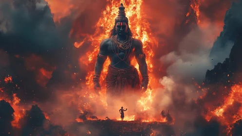 Majestic fiery deity rising tall from swirling molten skies.