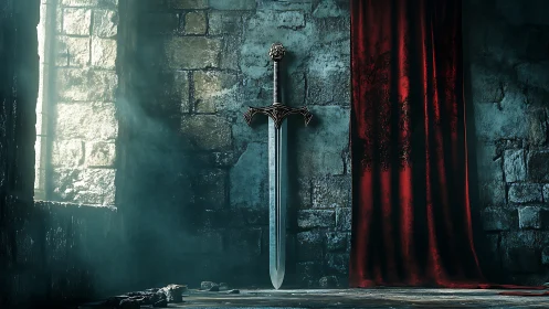 Noble sword waits in quiet stone hall brushed by soft light