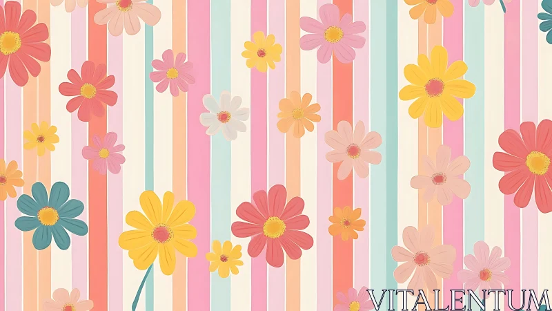 Daisy Pattern on Vertical Striped Background with Multiple Colors