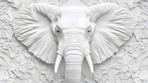 Majestic Elephant Head in White 3D Relief Art with Floral Motifs.