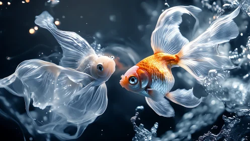 Goldfish waltz in moonlit water, silk-finned and spellbound.