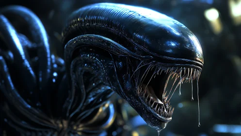 Biomechanical alien creature rendered in high-gloss 3D realism