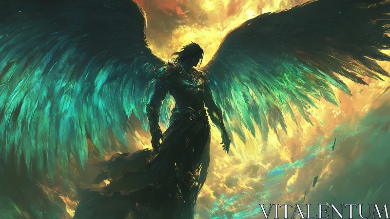 Luminous winged warrior silhoutte against radiant storm sky