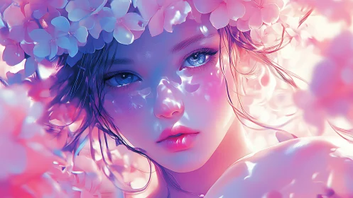 Digital painting portrait with floral halo and ethereal lighting.