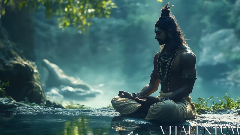 Mystic yogi in tranquil forest clearing beside river pool.