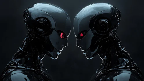 Two reflective humanoid robots face each other in profile