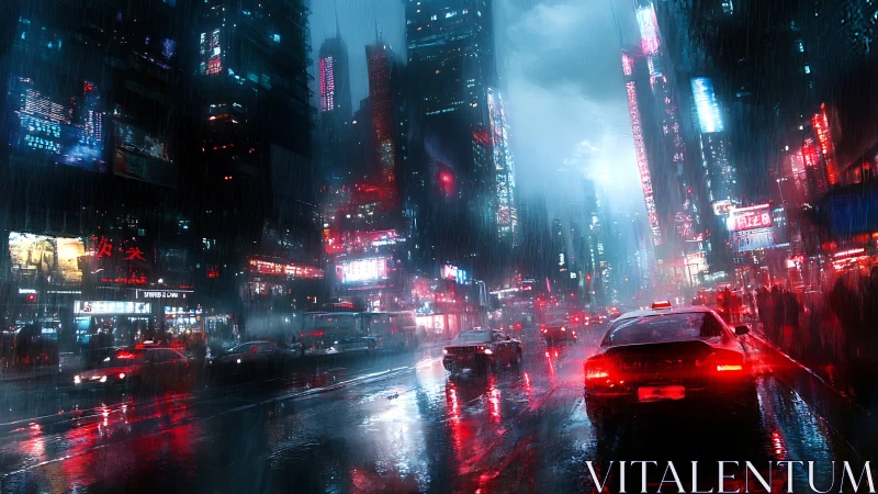 Neon rainstorms chase taxis through a sleepless cyber city night