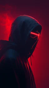 Cyberpunk hooded figure with neon visor in red chiaroscuro.