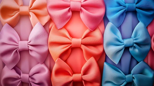 Vibrant satin bows arranged in a pastel rainbow grid pattern.