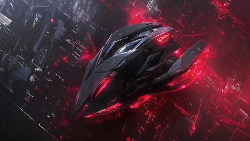 Stealth interceptor starship in red holographic data grid