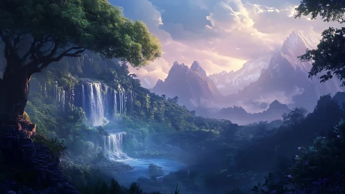 Mythic waterfall valley under luminous alpine sunrise.