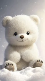 3D-rendered baby polar bear character in soft winter lighting.
