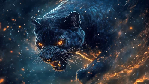 Ethereal Black Panther with Glowing Eyes and Fire.
