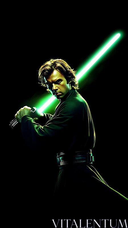 Jedi warrior raises neon green lightsaber in darkness
