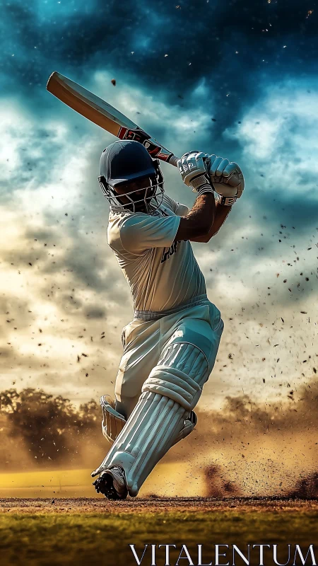 Cricketer driving the ball under a stormy glowing sky.